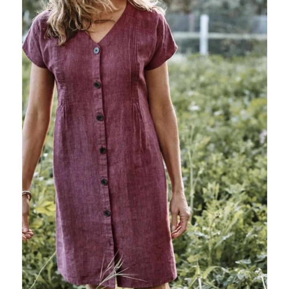 J. Jill Love Linen A-Line Dress Women's Size S/P Burgundy Short Sleeve V-Neck